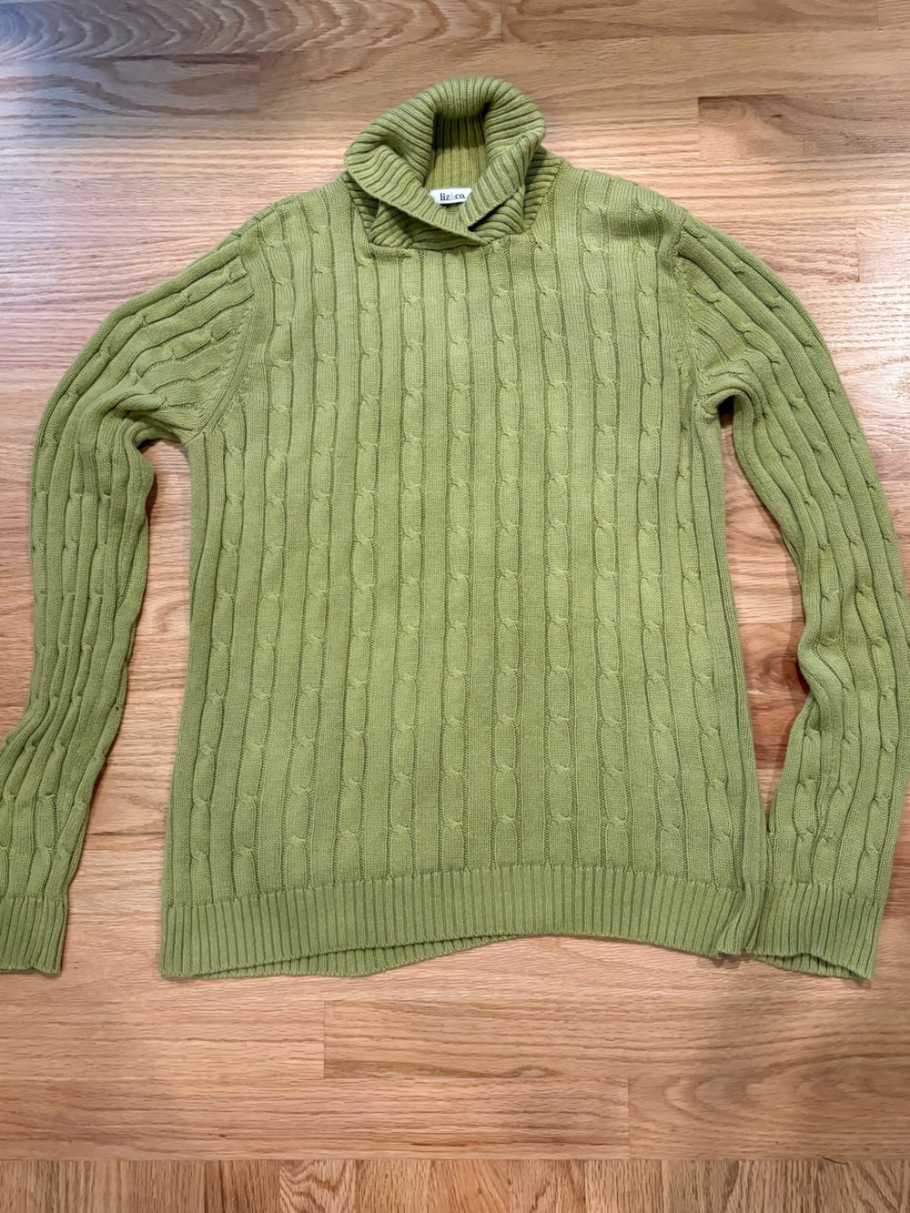 Liz & Co 100% Cotton Green Cable-Knit Collar Sweater Sz L